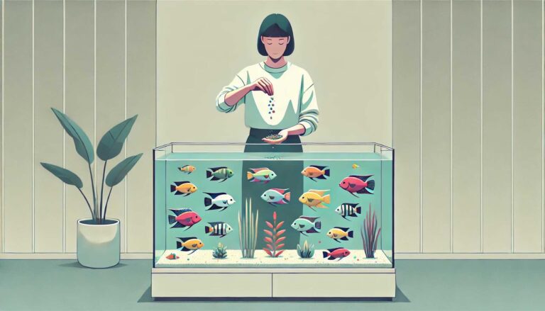 Woman feeding food to cichlids